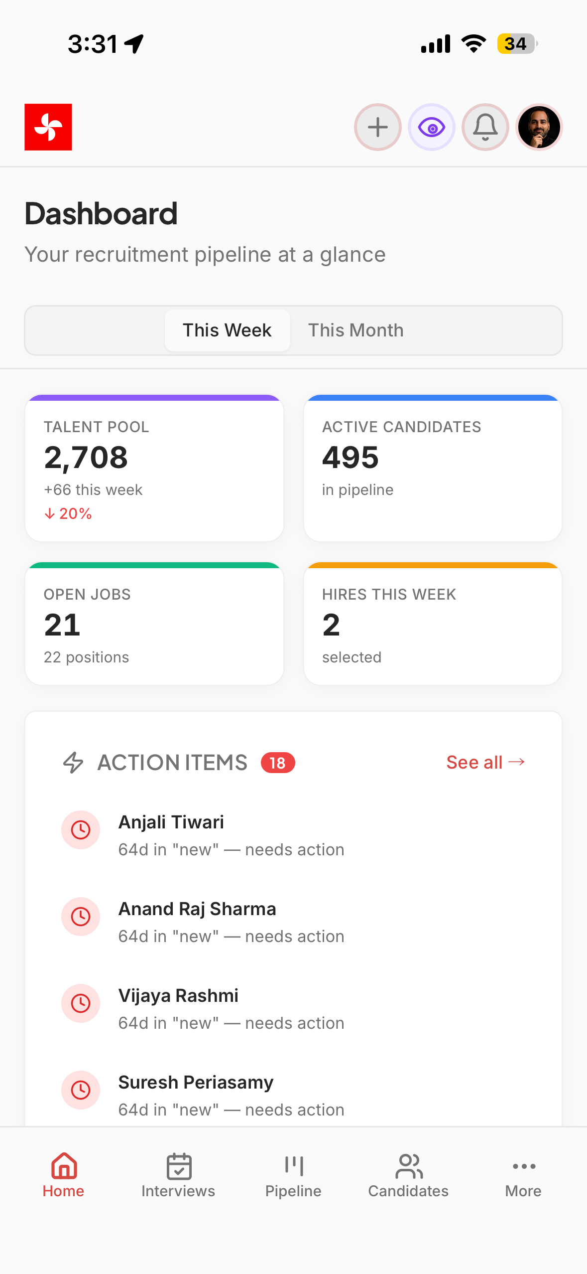 The Talent App mobile PWA dashboard on a phone